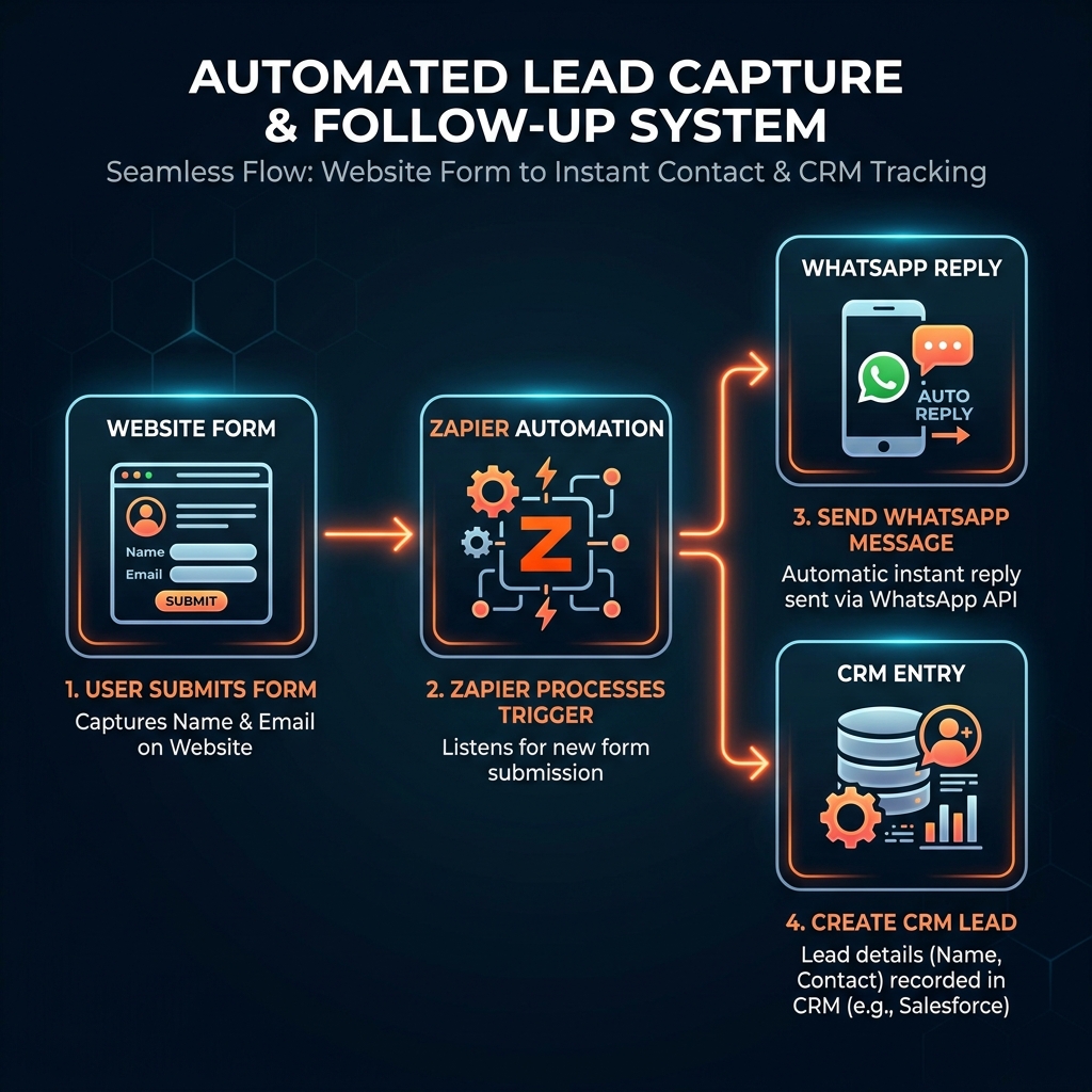 Website lead automation flow — form to WhatsApp to CRM using Zapier
